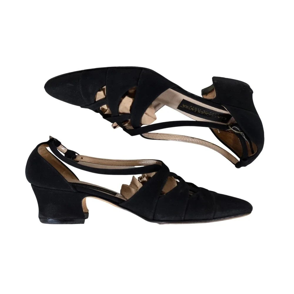 Classiques Entier Black Suede Leather‎ Heels Pointed Toe Strappy Dress Shoes